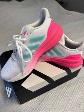 Adidas Women's size 5 White Sneakers with Pink and Mint Accents